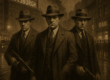 A sepia-toned, oil painting-style illustration showing a dramatic 1920s Pittsburgh street scene during Prohibition. Gangsters in trench coats and fedoras stand near vintage cars outside a speakeasy, while law enforcement in the background conducts a raid. Smoke rises from a steel mill in the distance, blending the city’s industrial grit with its underworld past.