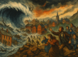 Dramatic illustration showing the massive wall of water from the failed South Fork Dam crashing down on Johnstown's Victorian buildings as people flee toward higher ground