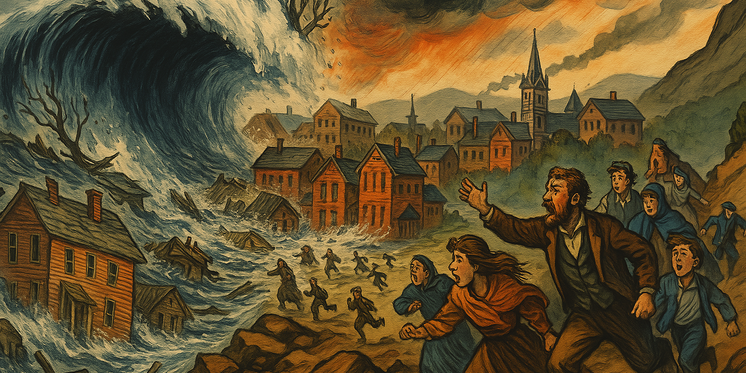 Dramatic illustration showing the massive wall of water from the failed South Fork Dam crashing down on Johnstown's Victorian buildings as people flee toward higher ground