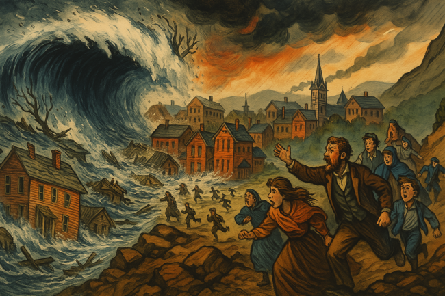 johnstown-flood Dramatic illustration showing the massive wall of water from the failed South Fork Dam crashing down on Johnstown's Victorian buildings as people flee toward higher ground