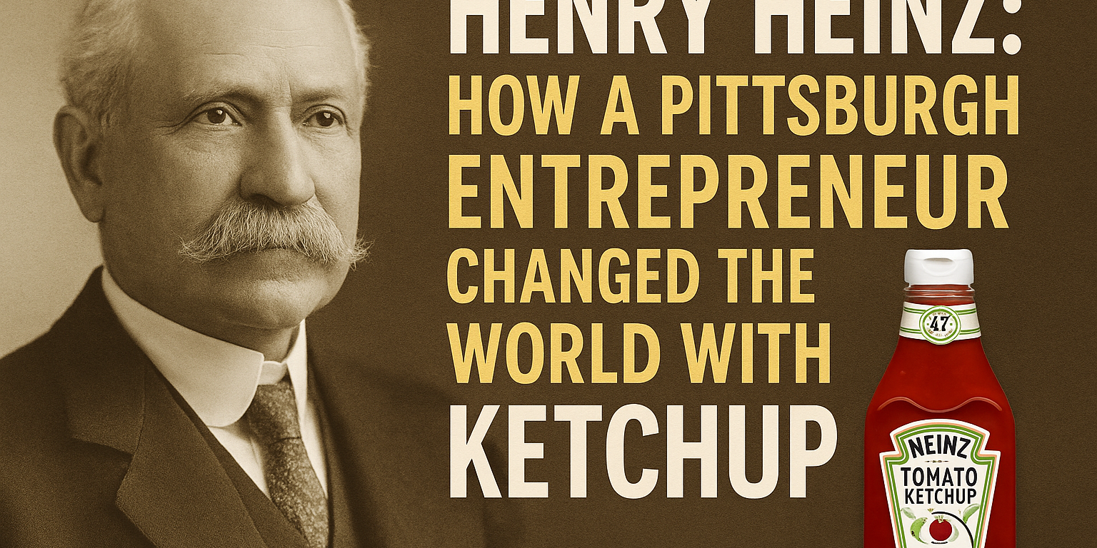 Portrait of Henry Heinz beside bold text reading “How a Pittsburgh Entrepreneur Changed the World with Ketchup,” with a bottle of Heinz Tomato Ketchup on the right.