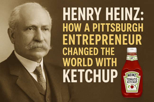 Portrait of Henry Heinz beside bold text reading “How a Pittsburgh Entrepreneur Changed the World with Ketchup,” with a bottle of Heinz Tomato Ketchup on the right.