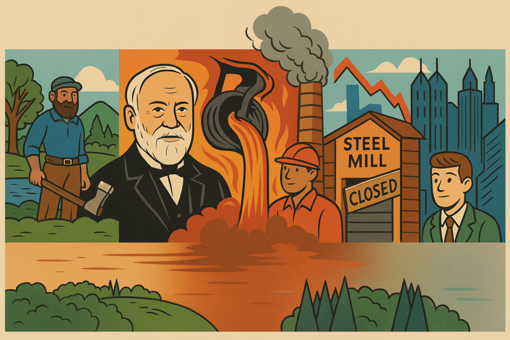 A colorful, vintage-style illustration showing the evolution of Pittsburgh’s steel industry. On the left, a 19th-century lumberjack stands in front of the Allegheny River. In the center, a steelworker pours molten metal beside smokestacks and an industrial mill. On the right, a closed steel mill with a somber worker is contrasted by a modern tech skyline, symbolizing Pittsburgh’s transformation from steel hub to innovation center.