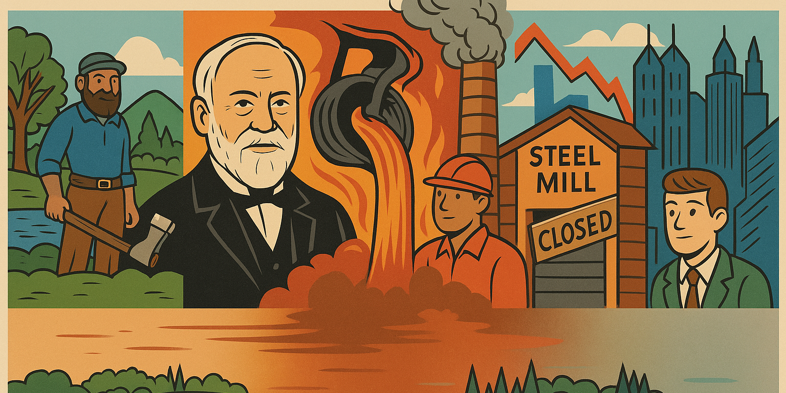 mill-closed A colorful, vintage-style illustration showing the evolution of Pittsburgh’s steel industry. On the left, a 19th-century lumberjack stands in front of the Allegheny River. In the center, a steelworker pours molten metal beside smokestacks and an industrial mill. On the right, a closed steel mill with a somber worker is contrasted by a modern tech skyline, symbolizing Pittsburgh’s transformation from steel hub to innovation center.