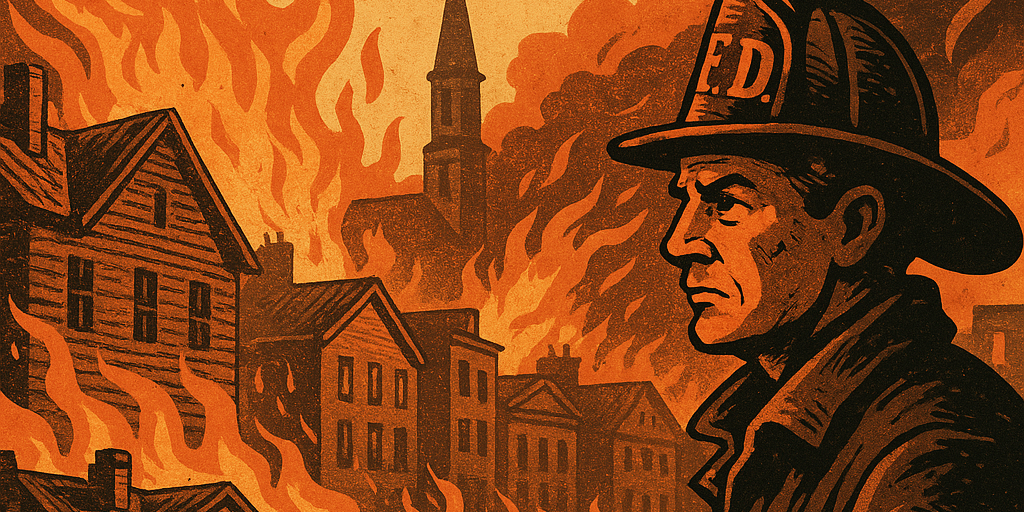 Illustrated map-style graphic of the Great Fire of 1845 in Pittsburgh, showing flames spreading across wooden buildings, smoke rising over the skyline, and firefighters battling the blaze. Features key landmarks like Ferry Street and Trinity Cathedral, with a vintage, historically-inspired art style.