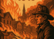 Illustrated map-style graphic of the Great Fire of 1845 in Pittsburgh, showing flames spreading across wooden buildings, smoke rising over the skyline, and firefighters battling the blaze. Features key landmarks like Ferry Street and Trinity Cathedral, with a vintage, historically-inspired art style.