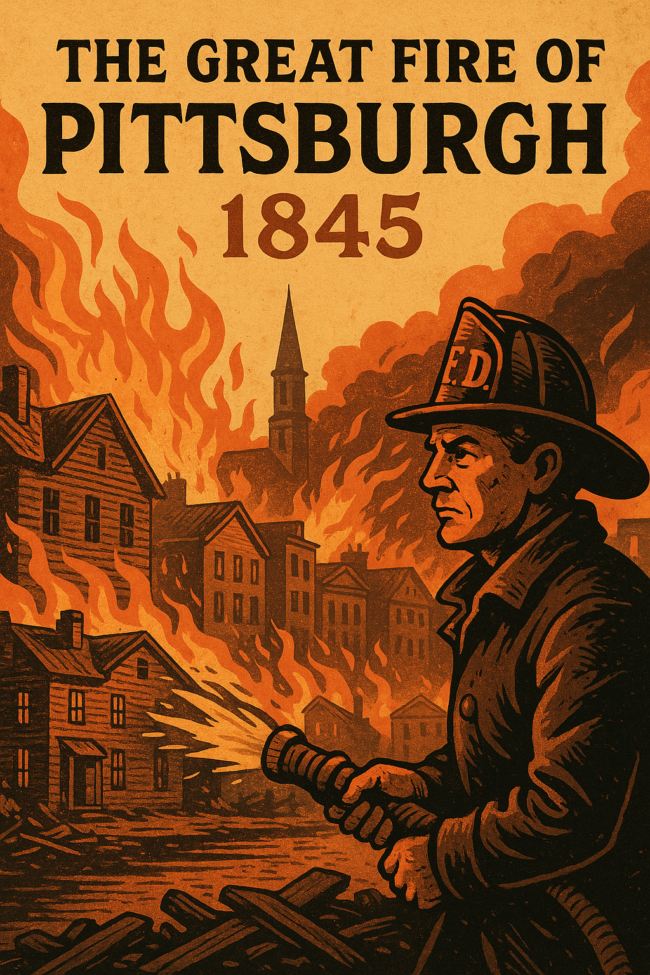 pittsburgh-fire-1845 Illustrated map-style graphic of the Great Fire of 1845 in Pittsburgh, showing flames spreading across wooden buildings, smoke rising over the skyline, and firefighters battling the blaze. Features key landmarks like Ferry Street and Trinity Cathedral, with a vintage, historically-inspired art style.