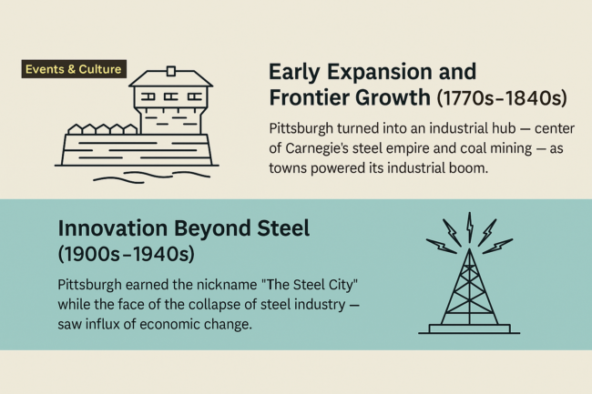 pittsburgh-timeline-image A detailed infographic titled “From Fort Duquesne to Tech Hub: A Timeline of Pittsburgh’s History,” featuring illustrated icons representing key eras such as Native American settlements, French and British forts, the steel industry, civil rights movements, and modern tech developments, all arranged chronologically with dates and labels.