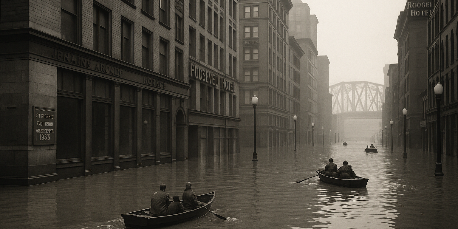 Rowboats navigate a flooded downtown Pittsburgh street, with water reaching the second story of buildings during the 1936 St. Patrick's Day Flood.