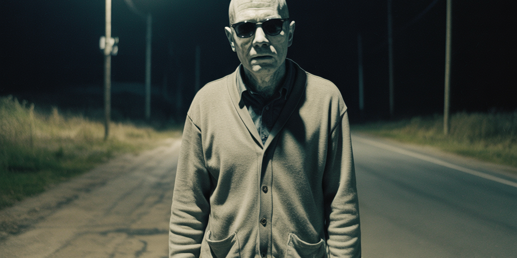 A faded black-and-white photograph of Raymond “Charlie No-Face” Robinson standing at night on a rural Pennsylvania road. He wears a cardigan and dark glasses with a prosthetic nose attached, revealing his severely disfigured face (no eyes or nose). The dim roadway behind him disappears into darkness, evoking the eerie atmosphere that gave rise to the Green Man legend.
