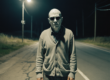 A faded black-and-white photograph of Raymond “Charlie No-Face” Robinson standing at night on a rural Pennsylvania road. He wears a cardigan and dark glasses with a prosthetic nose attached, revealing his severely disfigured face (no eyes or nose). The dim roadway behind him disappears into darkness, evoking the eerie atmosphere that gave rise to the Green Man legend.