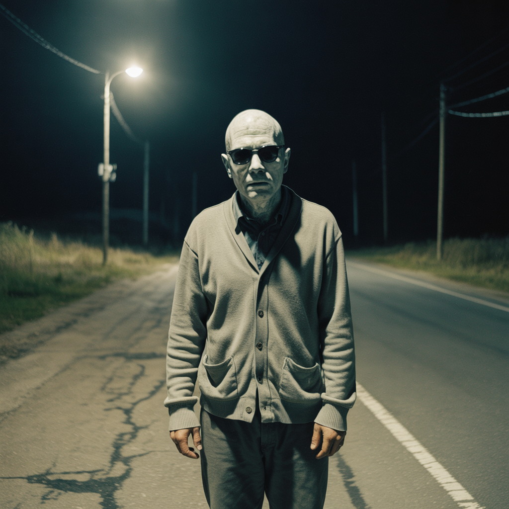 A faded black-and-white photograph of Raymond “Charlie No-Face” Robinson standing at night on a rural Pennsylvania road. He wears a cardigan and dark glasses with a prosthetic nose attached, revealing his severely disfigured face (no eyes or nose). The dim roadway behind him disappears into darkness, evoking the eerie atmosphere that gave rise to the Green Man legend.