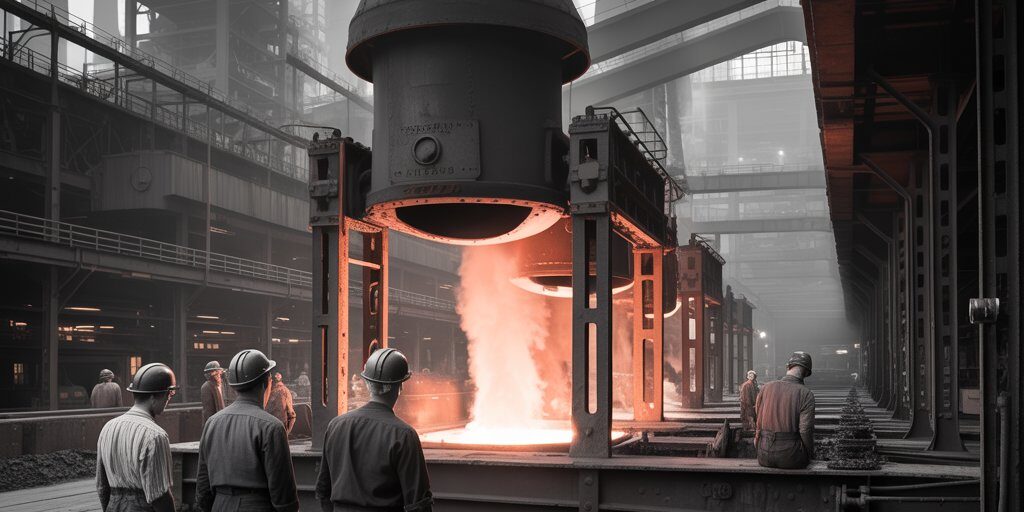 Vintage black-and-white photo of Pittsburgh’s steel mills in the 1940s, with glowing furnaces and workers in helmets, symbolizing the city’s WWII industrial might.
