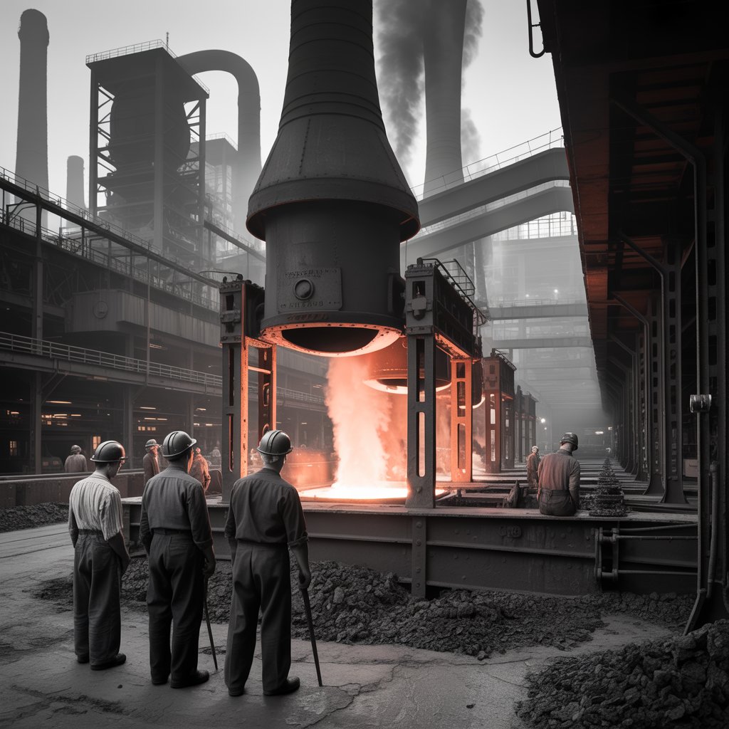 Vintage black-and-white photo of Pittsburgh’s steel mills in the 1940s, with glowing furnaces and workers in helmets, symbolizing the city’s WWII industrial might.