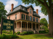 A vibrant daytime photo of the Harmony Inn, a 19th-century Victorian-style building in Harmony, PA, with a large sign in front reading “The Harmony Inn”; lush greenery and a massive tree frame the historic light pink brick inn, which local legends say is haunted by multiple ghosts.