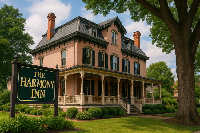 harmony_inn A vibrant daytime photo of the Harmony Inn, a 19th-century Victorian-style building in Harmony, PA, with a large sign in front reading “The Harmony Inn”; lush greenery and a massive tree frame the historic light pink brick inn, which local legends say is haunted by multiple ghosts.
