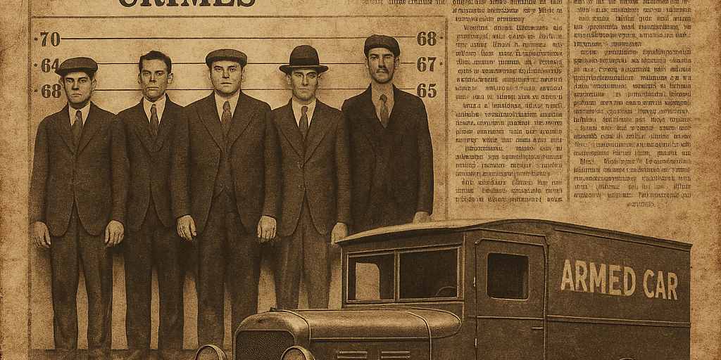 historic heists and crimes An aged newspaper collage featuring a 1920s police lineup and an armored truck, symbolizing Pittsburgh’s historic heists and crimes across eras.