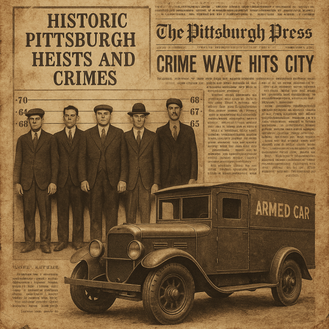 historic heists and crimes An aged newspaper collage featuring a 1920s police lineup and an armored truck, symbolizing Pittsburgh’s historic heists and crimes across eras.