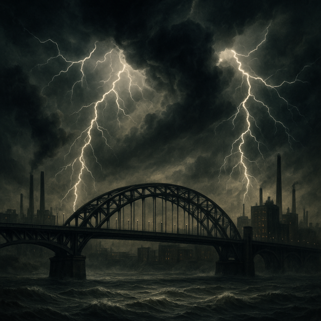 Stormy scene over Pittsburgh with lightning, steel bridge, and factory skyline.
