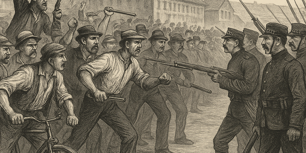 An 1892 engraving showing steelworkers confronting armed Pinkerton agents at the Homestead mill, with crowds gathered and smoke rising from gunfire.