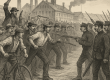 An 1892 engraving showing steelworkers confronting armed Pinkerton agents at the Homestead mill, with crowds gathered and smoke rising from gunfire.