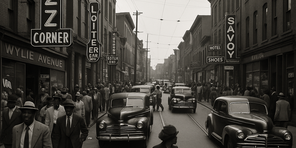 image A black-and-white photograph of Pittsburgh’s Hill District in the 1940s – a busy Wylie Avenue filled with people, neon jazz club signs, and vintage cars – capturing the neighborhood’s vibrant “Little Harlem” era