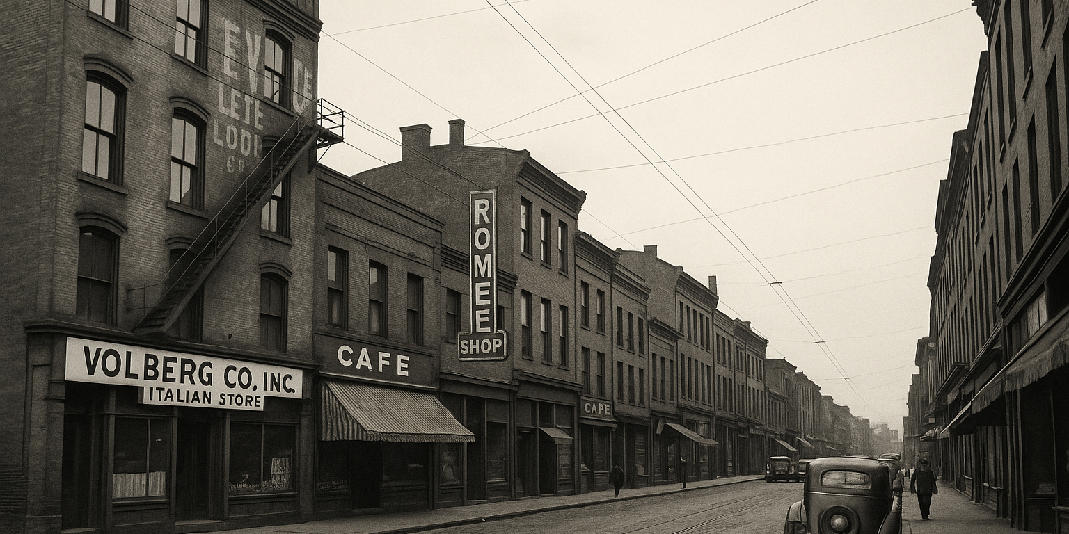 mobster_hideouts Vintage view of Pittsburgh’s Strip District buildings and streets, historically known as mobster hideouts during Prohibition.