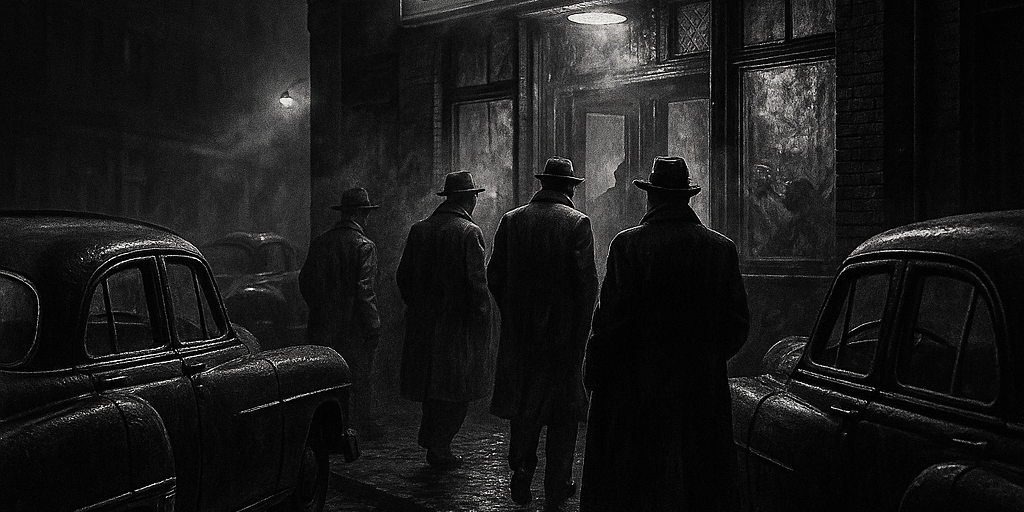 A gritty black-and-white photo-style image of 1950s Pittsburgh at night. Shadowy figures in trench coats and fedoras approach a smoky social club, with vintage cars lining the street. The industrial skyline looms behind them, evoking the secretive atmosphere of the LaRocca-era mob.