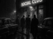 A gritty black-and-white photo-style image of 1950s Pittsburgh at night. Shadowy figures in trench coats and fedoras approach a smoky social club, with vintage cars lining the street. The industrial skyline looms behind them, evoking the secretive atmosphere of the LaRocca-era mob.
