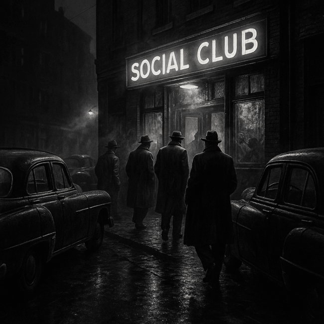 mobsters_of_pittsburgh A gritty black-and-white photo-style image of 1950s Pittsburgh at night. Shadowy figures in trench coats and fedoras approach a smoky social club, with vintage cars lining the street. The industrial skyline looms behind them, evoking the secretive atmosphere of the LaRocca-era mob.