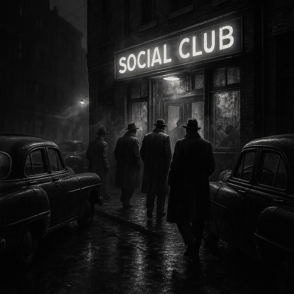 A gritty black-and-white photo-style image of 1950s Pittsburgh at night. Shadowy figures in trench coats and fedoras approach a smoky social club, with vintage cars lining the street. The industrial skyline looms behind them, evoking the secretive atmosphere of the LaRocca-era mob.
