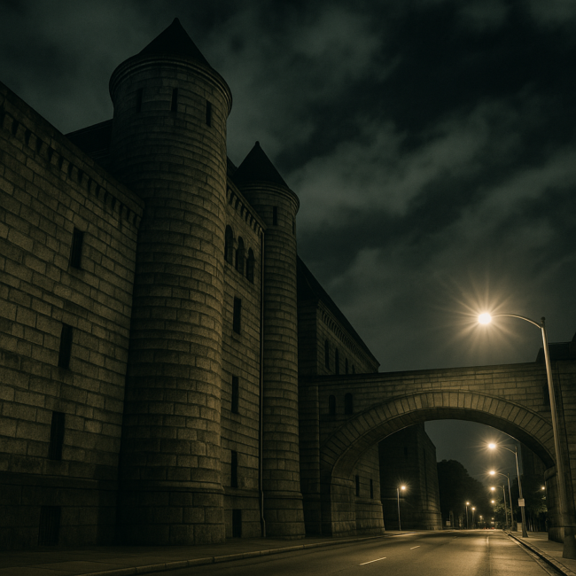 A nighttime view of the Old Allegheny County Jail’s towering gray stone walls and the iconic “Bridge of Sighs” arching over Ross Street. The fortress-like Romanesque structure looms under a cloudy sky, illuminated by streetlights that cast long shadows – an imposing reminder of Pittsburgh’s past where history and ghostly legends meet.
