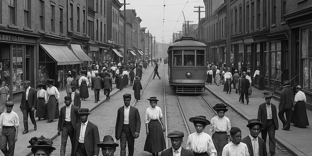 Black-and-white photograph of Pittsburgh’s Hill District in the early 1900s, showing a busy city street filled with diverse residents walking past shops, streetcars, and old brick buildings. The image captures the neighborhood’s dense urban life and multicultural character before its jazz era.