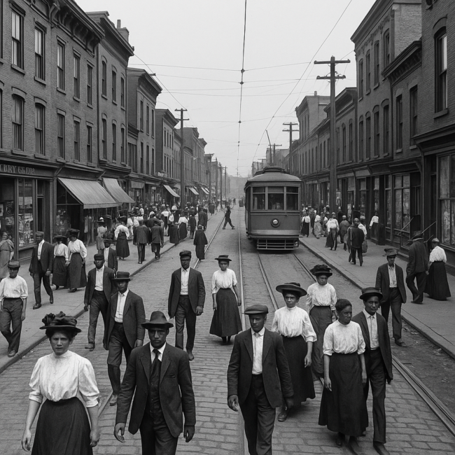 pittsburgh hill district 1900 Black-and-white photograph of Pittsburgh’s Hill District in the early 1900s, showing a busy city street filled with diverse residents walking past shops, streetcars, and old brick buildings. The image captures the neighborhood’s dense urban life and multicultural character before its jazz era.
