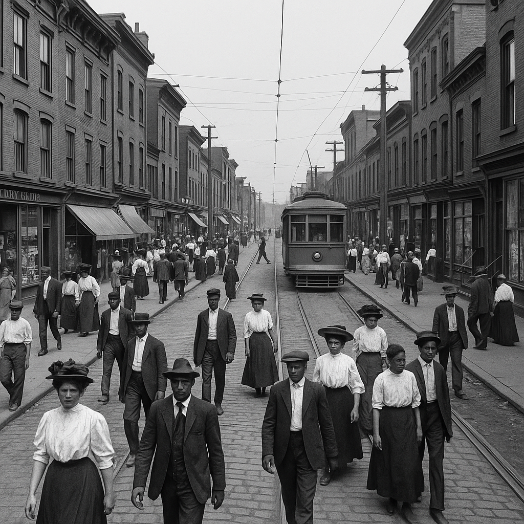 Black-and-white photograph of Pittsburgh’s Hill District in the early 1900s, showing a busy city street filled with diverse residents walking past shops, streetcars, and old brick buildings. The image captures the neighborhood’s dense urban life and multicultural character before its jazz era.