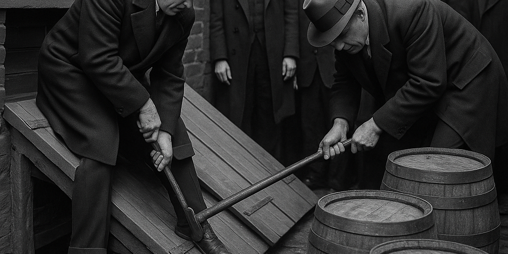 Black-and-white 1920s scene of Prohibition agents prying open a cellar door during a raid on an illegal Pittsburgh speakeasy, with barrels of liquor and onlookers visible.