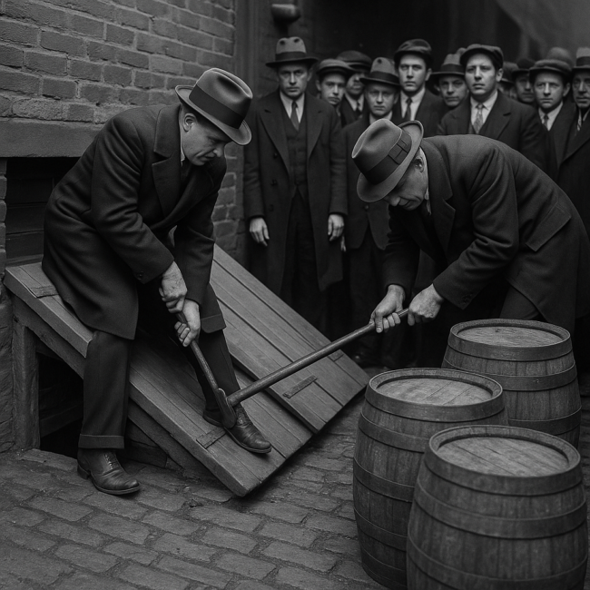 Black-and-white 1920s scene of Prohibition agents prying open a cellar door during a raid on an illegal Pittsburgh speakeasy, with barrels of liquor and onlookers visible.