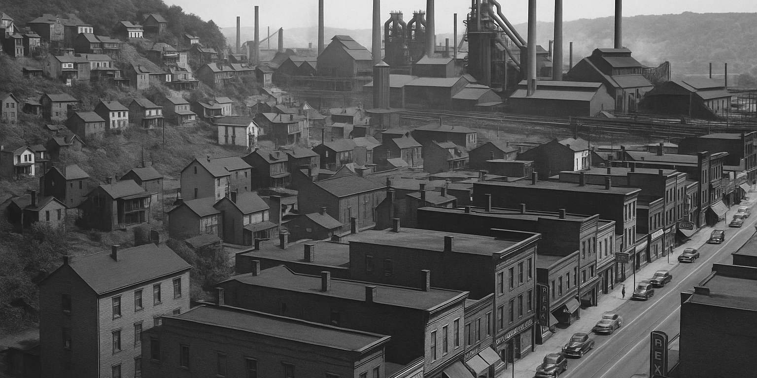 rusting_steel_mill A rusting steel mill in the Mon Valley with smoke stacks silhouetted against a gray sky, symbolizing the industrial decline of towns like Braddock and Homestead.