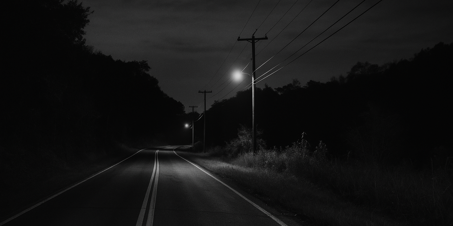 A vintage black-and-white photo of a quiet rural road in Western Pennsylvania at night, symbolizing the haunting legend of “Charlie No-Face” and his evening walks.