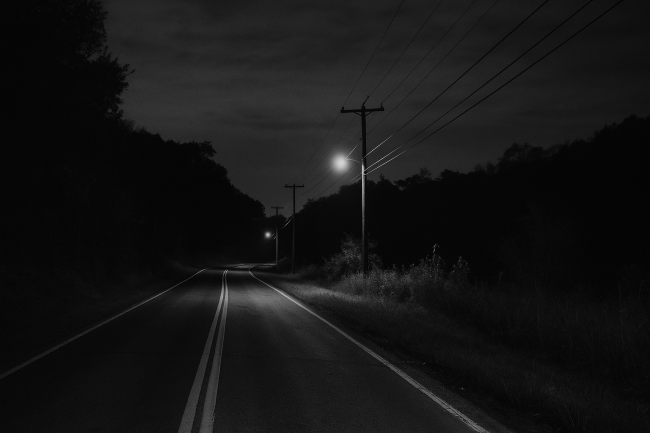 charlie_no_face A vintage black-and-white photo of a quiet rural road in Western Pennsylvania at night, symbolizing the haunting legend of “Charlie No-Face” and his evening walks.