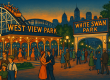 A colorful 1920s-style illustration of a bustling Pittsburgh amusement park, with families riding a wooden roller coaster, dancing in a pavilion, and walking under glowing electric lights. Include vintage signage reading ‘West View Park’ and ‘White Swan Park,’ with a faint background of the Pittsburgh skyline.
