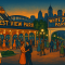 A colorful 1920s-style illustration of a bustling Pittsburgh amusement park, with families riding a wooden roller coaster, dancing in a pavilion, and walking under glowing electric lights. Include vintage signage reading ‘West View Park’ and ‘White Swan Park,’ with a faint background of the Pittsburgh skyline.