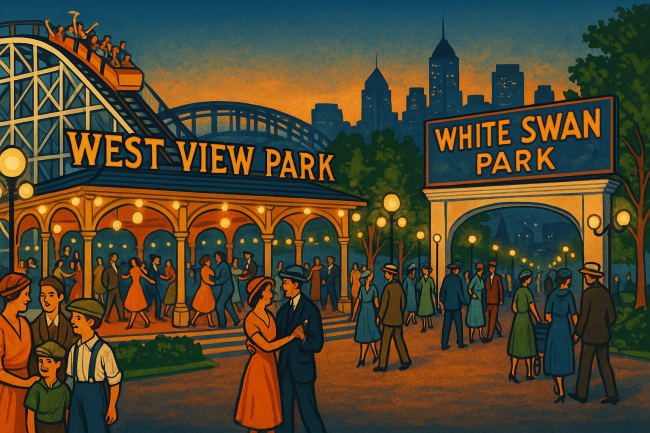 forgotten_parks A colorful 1920s-style illustration of a bustling Pittsburgh amusement park, with families riding a wooden roller coaster, dancing in a pavilion, and walking under glowing electric lights. Include vintage signage reading ‘West View Park’ and ‘White Swan Park,’ with a faint background of the Pittsburgh skyline.