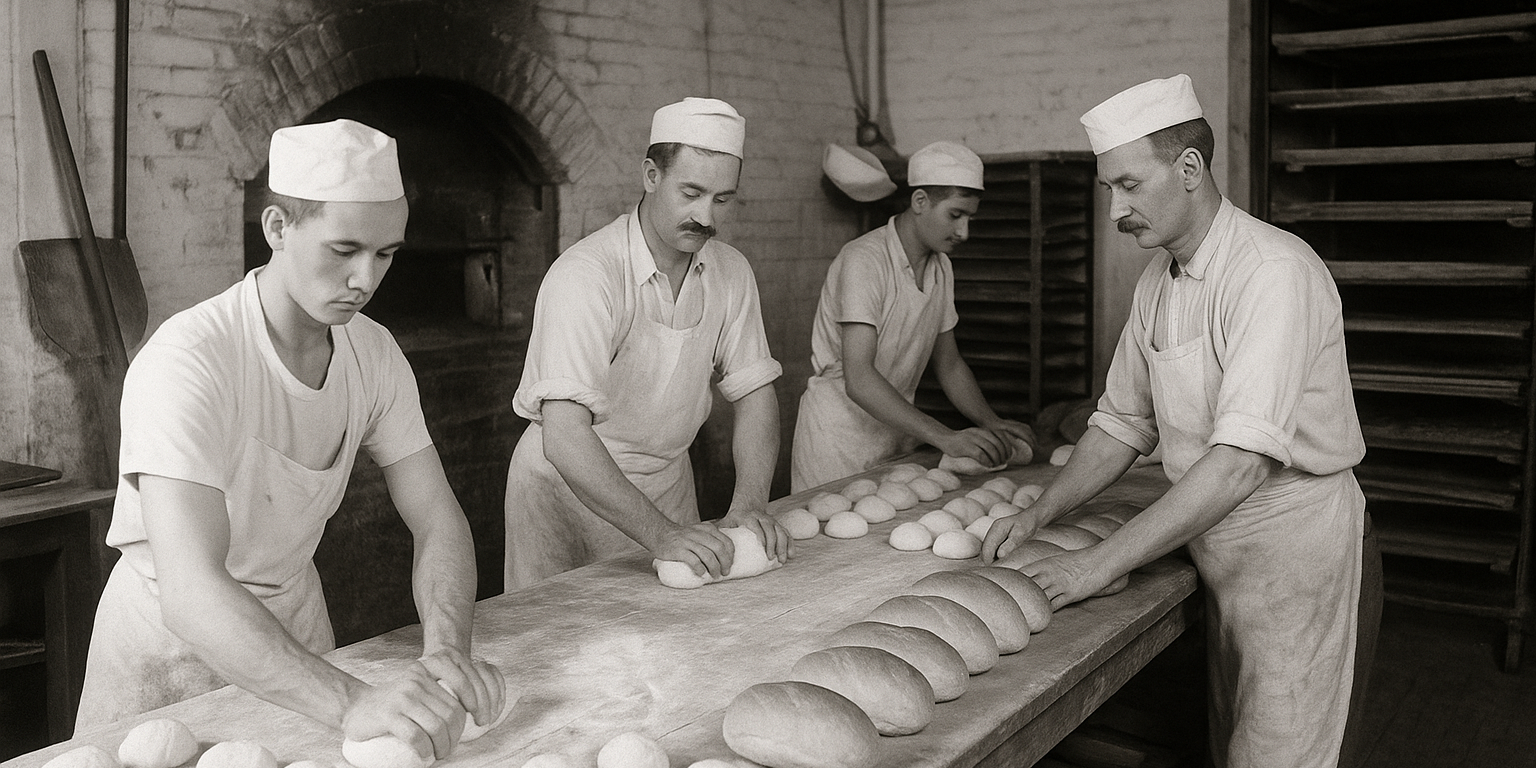 Black-and-white photo of early 20th-century bakers in a Pittsburgh bakery kneading dough and baking loaves, representing Mancini’s humble beginnings.