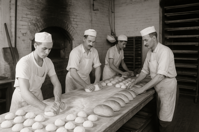 mancinis_pittsburgh Black-and-white photo of early 20th-century bakers in a Pittsburgh bakery kneading dough and baking loaves, representing Mancini’s humble beginnings.