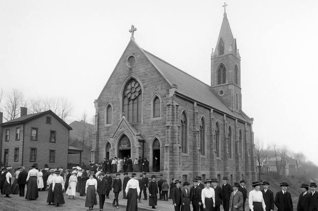 saint_anthonys_chapel_troy_hill A black-and-white photograph of St. Anthony’s Chapel around 1900, showing its Gothic architecture, arched windows, and bell tower. People in period clothing gather outside after Mass, capturing the religious and community life of Troy Hill.