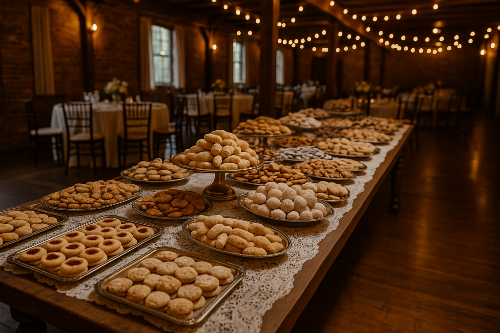 Homemade cookies displayed on a traditional Pittsburgh wedding cookie table