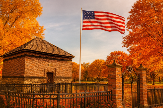 fort pitt The Fort Pitt Block House in Pittsburgh on a sunny autumn day, with vibrant orange and red fall foliage, a tall American flag waving beside it, and an iron fence surrounding the historic brick structure.