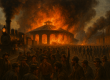 Pittsburgh rail yard burning during the Great Railroad Strike of 1877 with workers and militia clashing
