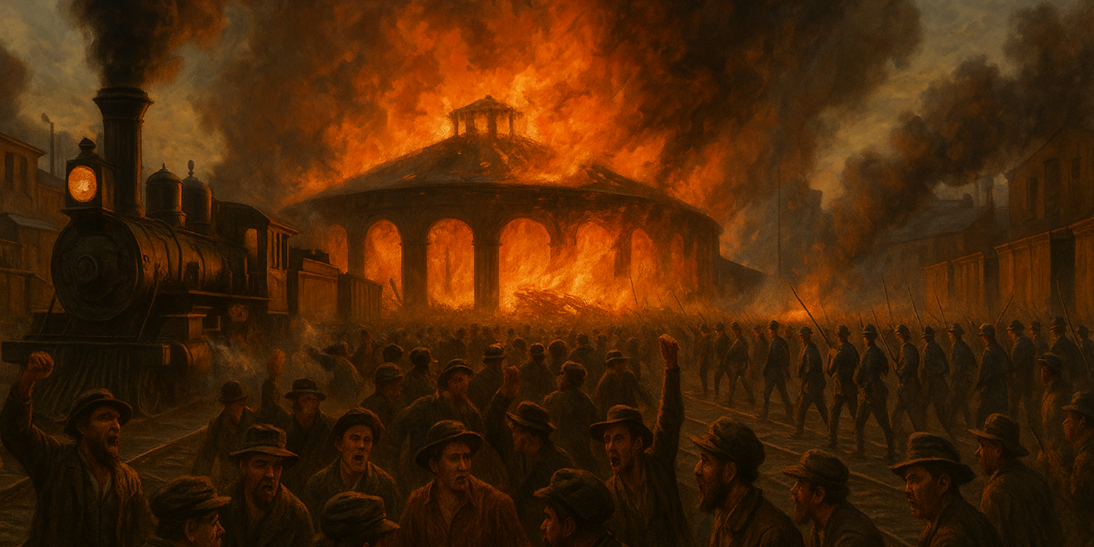 rail-yard-pittsburgh-fire Pittsburgh rail yard burning during the Great Railroad Strike of 1877 with workers and militia clashing